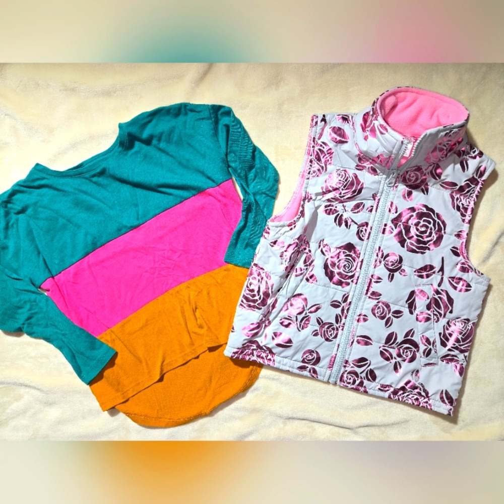 Colorful Long Sleeve Top and Floral Vest
